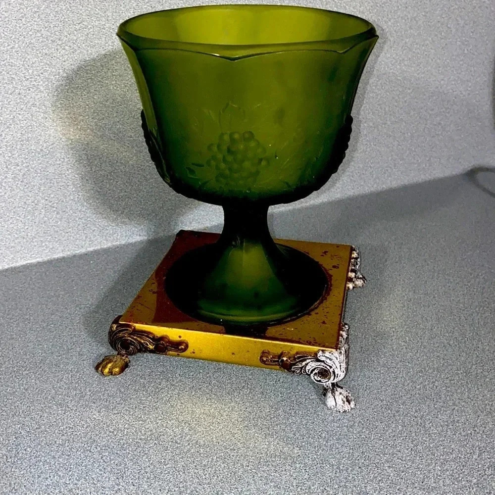 Rare Find, Avocado Green Satin Pedestal Glass Compote on Brass Base Grape Colony